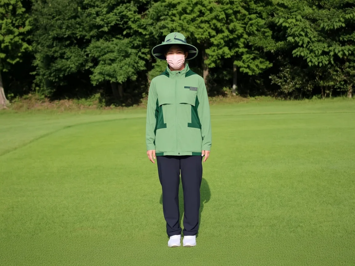 緑の日本風キャディ服を着たキャディ