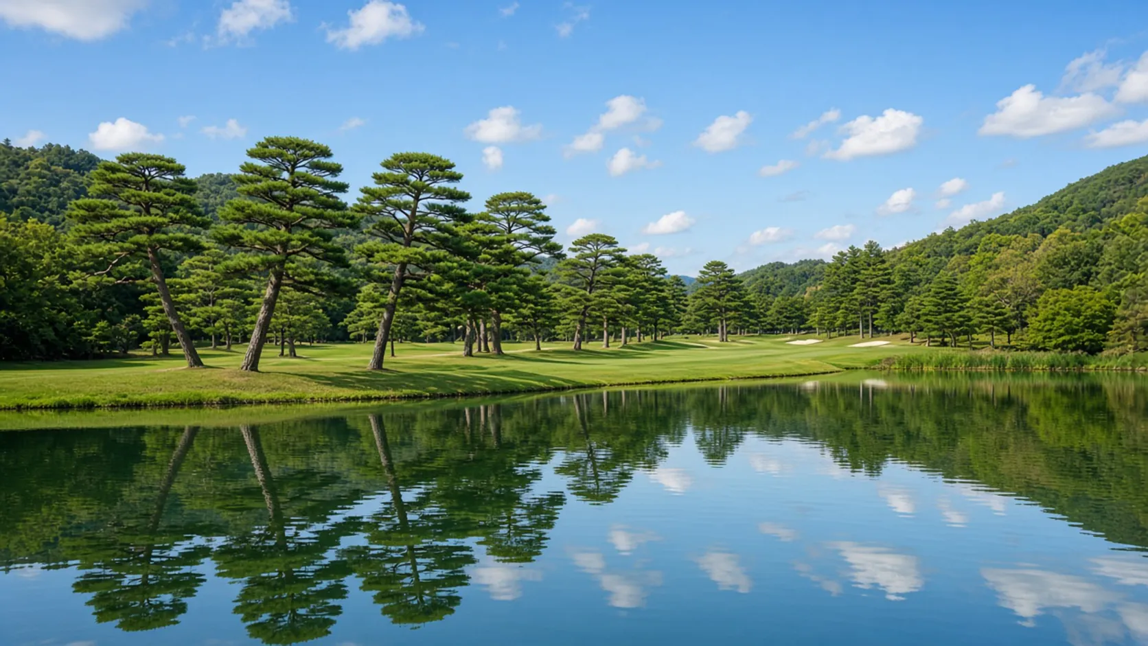 池に映る明るいゴルフコースの景色