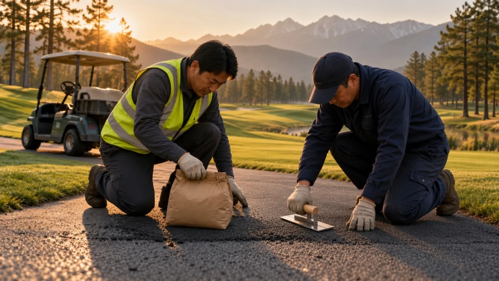 夕方のカート道路で、袋の補修材と金ゴテを使う2人の施工指導