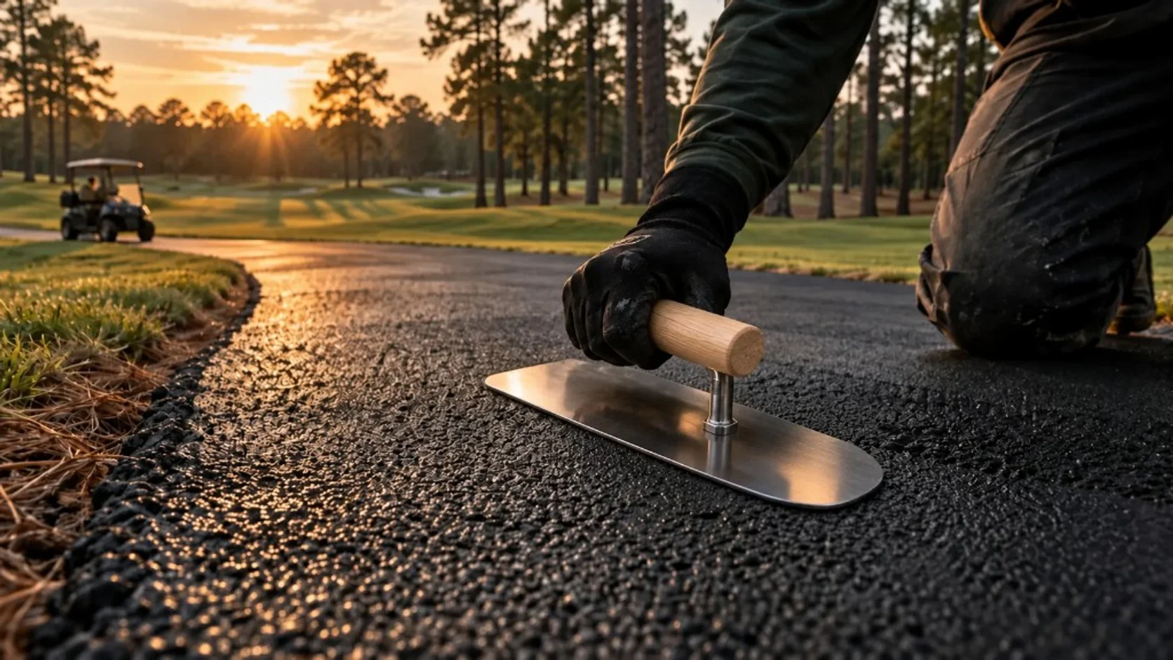 夕景のカート道路で、金ゴテを使って補修する作業員